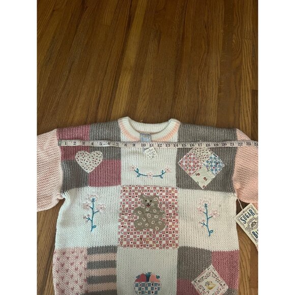 1980s vintage women's cottage core knit sweater, teddy bear and hearts, Medium - Picture 8 of 9